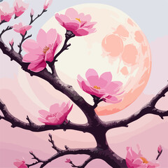 Nature background with blossom branch of pink sakura flowers. Vector template on blue sky.