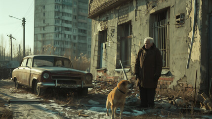 Elderly Man and Dog Amidst Urban Decay