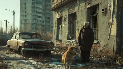  Elderly Man and Dog Amidst Urban Decay © Vl