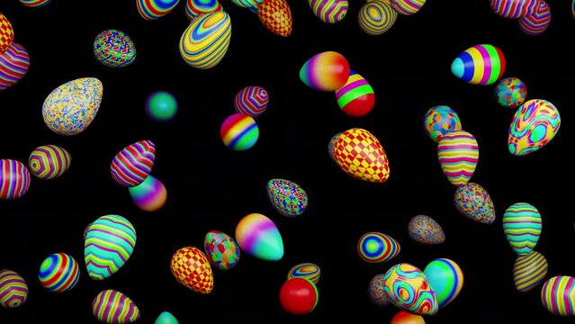 Colorful Easter eggs fall down on black background seamless looped 3D render. Various eggs pattern for happy Easter. Day of the Crucifixion
