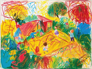 Chaotic Portrait of a kindergarten in Crayon Style