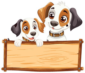 Two cartoon dogs with a wooden banner.