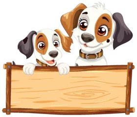 Photo sur Plexiglas Enfants Two cartoon dogs with a wooden banner.