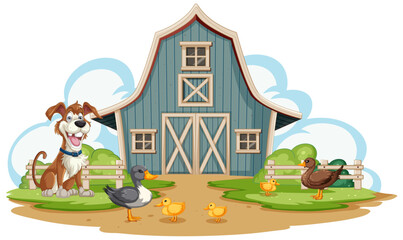 Dog, ducks, and chicks outside a barn