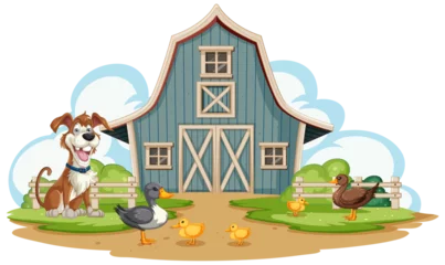 Photo sur Plexiglas Enfants Dog, ducks, and chicks outside a barn