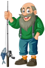 Fototapete Rund Cheerful old man proudly holding a fishing rod. © GraphicsRF