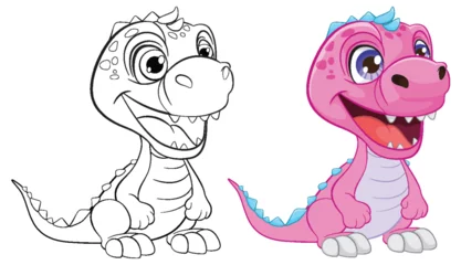 Deurstickers Black and white and colored cartoon dinosaur illustrations © GraphicsRF
