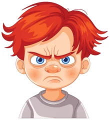 Gordijnen Cartoon illustration of a boy with an angry face. © GraphicsRF