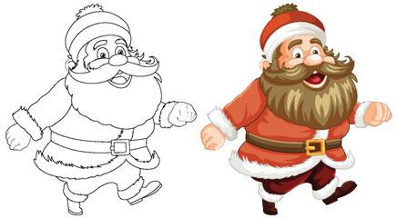 Black and white and colored Santa illustrations side by side.