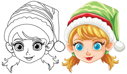 Colorful and outlined elf girl with Christmas hat.