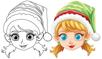 Fototapete Rund Colorful and outlined elf girl with Christmas hat. © GraphicsRF
