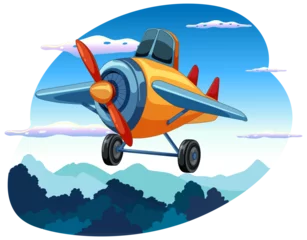 Poster Colorful cartoon airplane flying in a cloudy sky © GraphicsRF