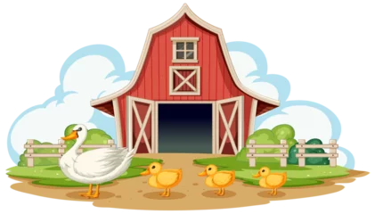Poster A family of ducks in front of a red barn © GraphicsRF