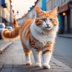 Obraz premium a cat with white gradient orange fur with blue eyes is walking against the background of a busy street in full HD realistic 4K 