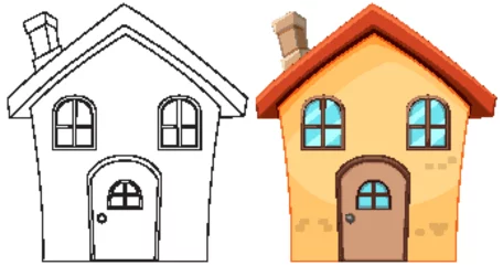 Gordijnen Vector illustration of a house, before and after coloring © GraphicsRF
