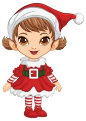 Rolgordijnen Cute cartoon elf girl in Christmas attire. © GraphicsRF