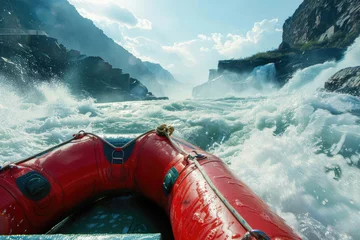  Boat speeding down turbulent river towards waterfall © Veniamin Kraskov