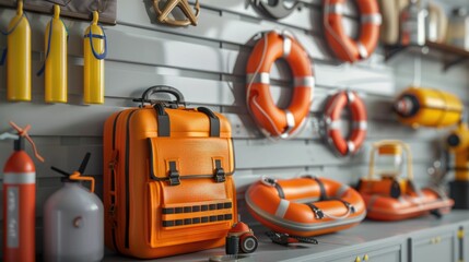 Lifesaving equipment showcase in a 3D animated storeroom, from defibrillators to rescue ropes, brightly colored