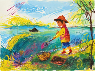 Chaotic Portrait of a kid fishing in Crayon Style