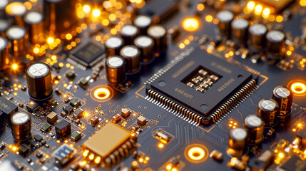 Close-up of a sophisticated circuit board with an abundance of glowing orange connections and chips