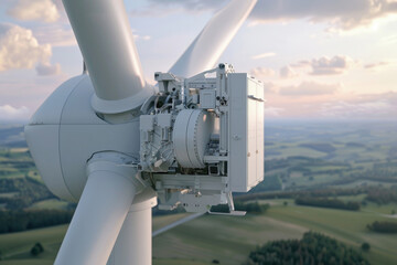 A close-up of a windmill generator demonstrating the power and beauty of renewable energy
