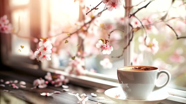 Scene of a cup of coffee on the edge of the window, animated virtual repeating seamless 4k	
