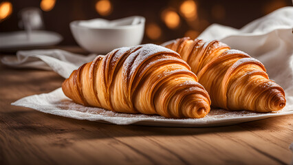 Croissant on white cloth, delicious food
