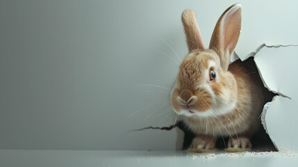 Easter bunny poster peeking out of a hole in the wall with copy space, rabbit jumps out of a torn hole