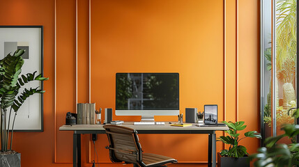 Harmonious workspace with soft tones and a chic minimalistic design framed by the vibrant and tasteful hues of a fiery backdrop