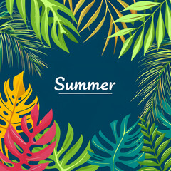 Fototapeta na wymiar Tropical leaves vector background. Summer horizontal banner, abstract illustration with jungle exotic leaf, bright color drops in simple flat minimal line modern style. Copy space at the center.