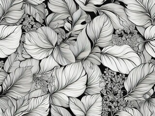 Seamless pattern with monochrome leaves and hydrangeas.