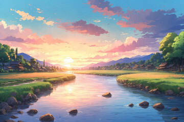 The river at the edge of the village at sunset. with a low viewing angle. In anime style - obrazy, fototapety, plakaty