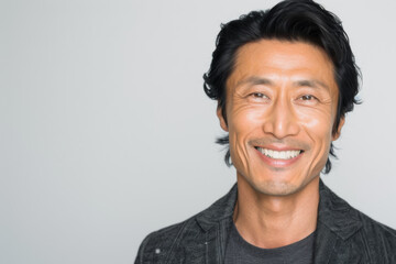 Portrait of old healthy, cheerful handsome middle aged Asian man smiling and looking at camera with white background. Happy aging society, retirement, teeth, health and senior healthcare concept