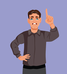 Stressed Man Pointing out a Problem Vector Cartoon Character. Anxious man feeling panicky warning about problems 
