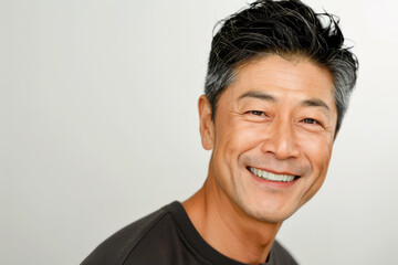 Portrait of old healthy, cheerful handsome middle aged Asian man smiling and looking at camera with white background. Happy aging society, retirement, teeth, health and senior healthcare concept