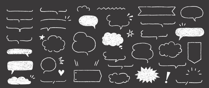 Cute crayon frame speech bubble set. Crayon chalkboard background speech bubble frame. Hand drawn chalk pencil dialog balloon, japan handwriting doodle text cloud. Vector illustration