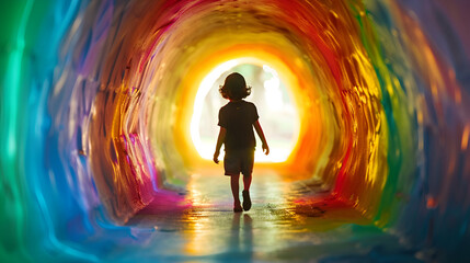 A Child in Rainbow Coloured Imaginary World, Dreamy Fantasy Landscape with Kid, Childhood Creativity and Exploration, Magical Wonderland Scene, Generative AI

