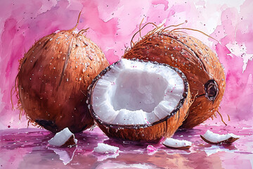 Coconut fruit watercolor painting