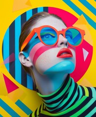 fashion portrait of a woman with colorful makeup and eyeglasses