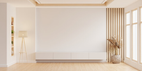 Mockup a wood cabinet TV wall mounted with decoration in living room and white wall - 756898999