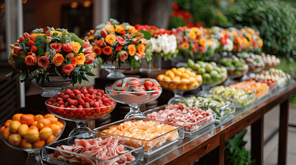 Fototapeta na wymiar Elegant Buffet Spread with Fresh Fruits and Flowers