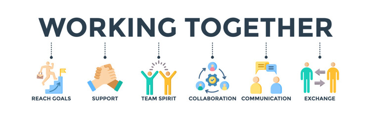 Working together banner concept for team management with an icon of collaboration, reach goals, team spirit, support, communication, and exchange