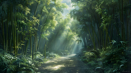 Bamboo Forest Tranquility, Lush Greenery in Serene Natural Landscape, Peaceful Zen Atmosphere, Generative AI

