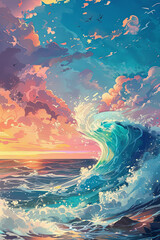 A colorful painting of a wave crashing on a beach with a sunset in the background. The mood of the painting is serene and peaceful, with the waves