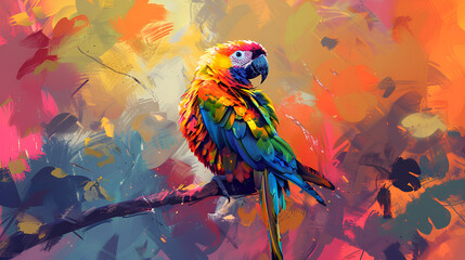 Beautiful Colorful Parrot Sitting on a Branch, Vibrant Feathers and Nature, Exotic Bird Perched on Tree, Tropical Wildlife Scene, Generative AI

