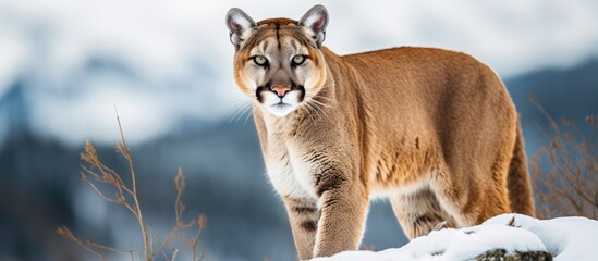 Naklejka premium A carnivorous Felidae, with whiskers and fur, a terrestrial animal resembling big cats like tigers and Siberian tigers, is standing in the snow, its snout ready to roar at the camera