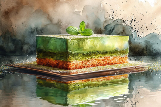Green Pistachio Passion cake watercolor painting
