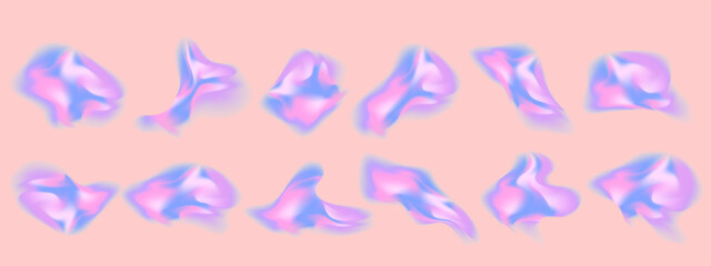 Aura neon y2k gradient abstract shape set. Blur y2k fluid irregular organic element. Blur gradient neon mesh. Vector illustration