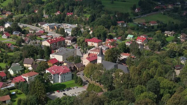 Beautiful Landscape Church Downtown Bircza Aerial View Poland