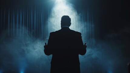 Silhouette of a politician speaking in a dark and misty room with light shining on it - obrazy, fototapety, plakaty